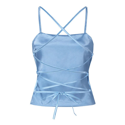 Slim Backless Crop Tops Soft Ice Silk Sexy Camisole Women's Club Party Bandage Camis Y2k Sexy Tank Tops Blusas Ropa De Mujer