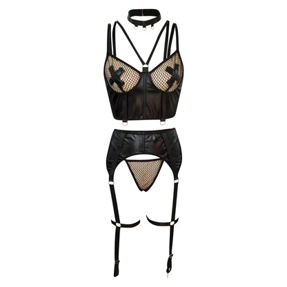 Women'S Sexy Sheer Mesh Leather Lingerie Set Seductive Thin Metal Buckle Underwear Set Costumes For Plus Size Woman Clothing