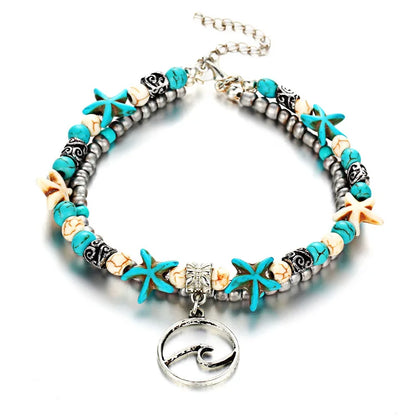 Boho Summer Beach Anklets For Women Turtle Shell Starfish Tree of Life Elephant Ankle Bracelet Multilayer Chain On Foot Jewelry