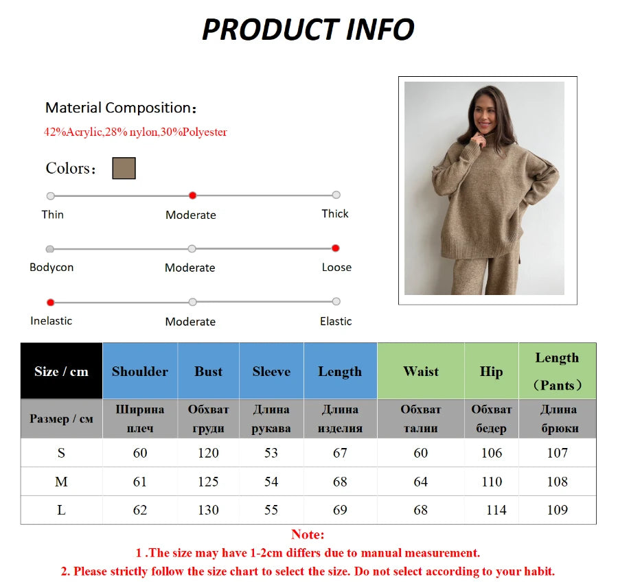 Bornladies Women's Autumn Winter Turtleneck Sweater Pants Set Loose Casual Knitted Sweater  Thicke Loose Pullover 2 Pieces Sets