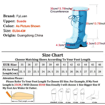 8CM Chunk Heels Winter Warm Knee High Boots Women Snow Short Plush Platform Boots Faux Fur Cosplay Lace-up Long Shoes Size 34-43