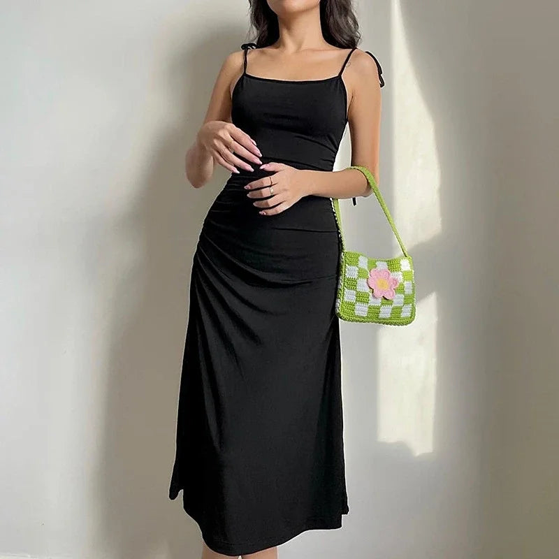 Fashion Strappy Ruched Sexy Black Dress Irregular Elegant Backless Long Dress Party Summer Dresses Women Clothes Vintage Dress