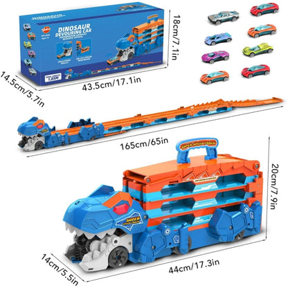 VATOS Dinosaur Transport Truck Car Toy 2 in 1 Ejection Folding Track Toys with Sound, Portable Truck Car Toy with 8 Race Cars