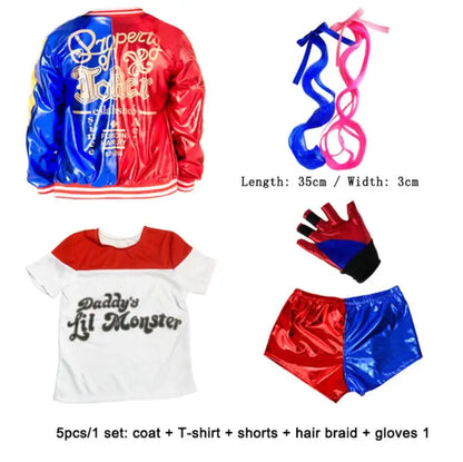 Harley Quinn kids cosplay costume set including jacket, T-shirt, shorts, hair braid, and gloves