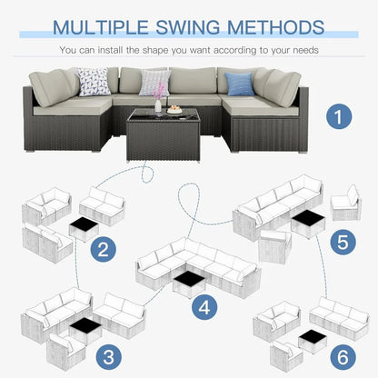 7 Pieces Patio Furniture Set - Outdoor Sectional Wicker Rattan Furniture with Cushion and Glass Table Patio Poolside Backyard