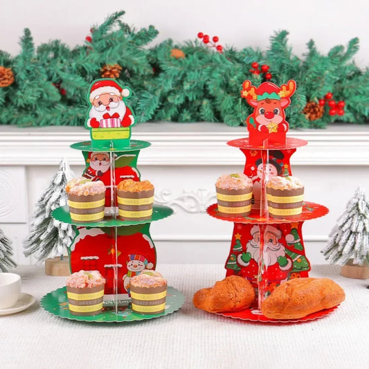 Christmas Cupcake Stand Cake Display Holders 3 Layer Santa Claus Elk Cupcake Table Shelf Merry Christmas Decoration *