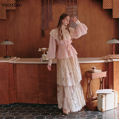 France Style Elegant Sweet 2 Piece Set Women Vintage Lace Patchwork Long Sleeve Blouse Top Mesh Skirt Suit Female Lolita Outfits