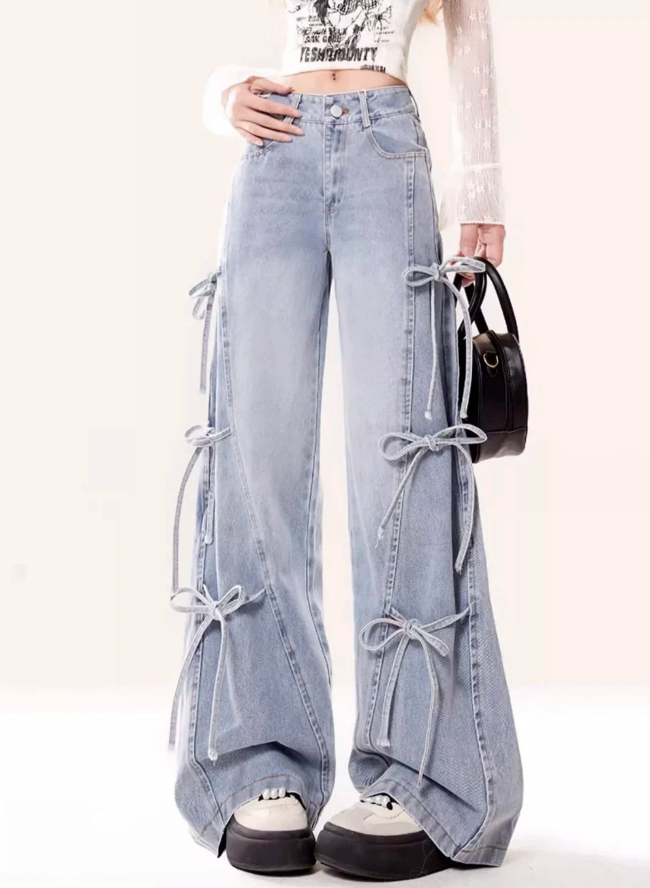 Jeans Women Vintage Bow Design Baggy Wide Leg Trousers Autumn High Waist Students Young All-match Daily Harajuku Slouchy Chic