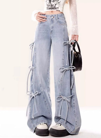 Jeans Women Vintage Bow Design Baggy Wide Leg Trousers Autumn High Waist Students Young All-match Daily Harajuku Slouchy Chic