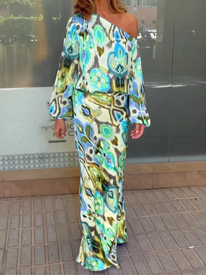 Autumn Casual Loose Print Two-piece Women Off Shoulder T-shirt Asymmetrical Long Sleeved Top And Half Body Fishtail Skirt Set