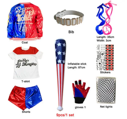 Harley Quinn kids cosplay costume including jacket, t-shirt, shorts, gloves, and inflatable bat