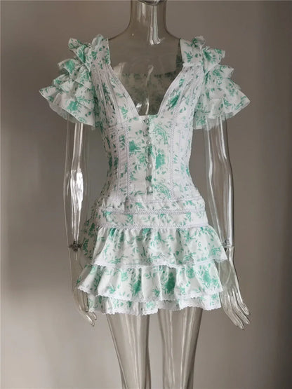 New Sweet Floral Print V-neck Ruffle Light Blue Women Mini Dress