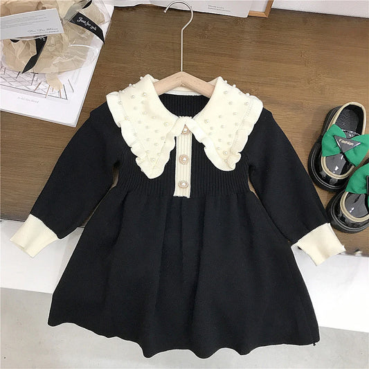Kids Merry Christmas Pearl Beading Peter Pan Collar Long Knitted Sleeve Outfit