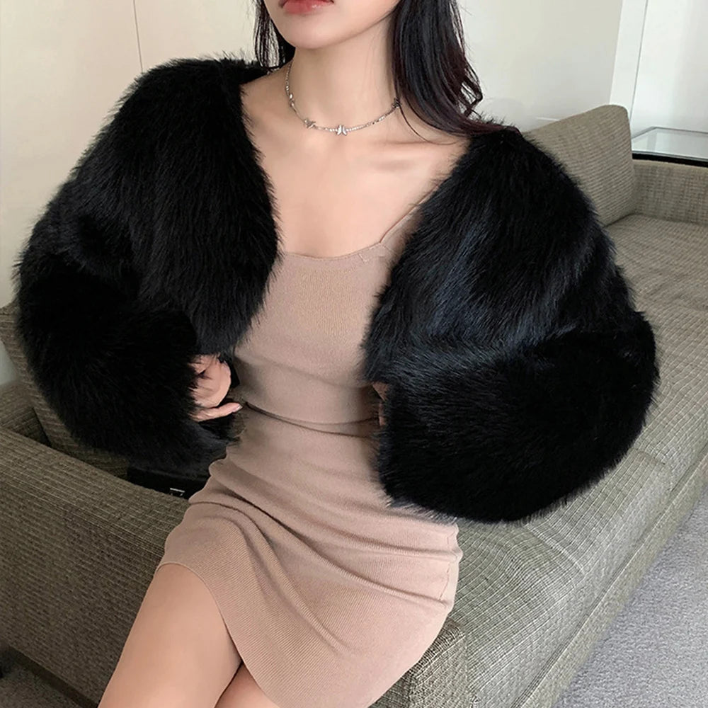 2025 Women Winter Plus Size Faux Fur Cropped Coat Female Furry Long Sleeve Plush Jacket Lady Large Fake Fur Warm Fluffy Cardigan