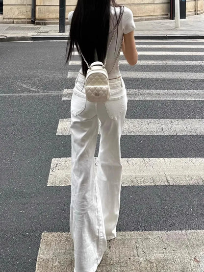 Fashionable White Low Waist Slightly Flared Jeans for Women, Fashionable and Versatile Casual Loose Wide-leg Bell-flop Pants