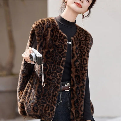 Winter fashion  casual senior sense thin  fur integrated leopard print vest warm top clothing  chalecos para mujer
