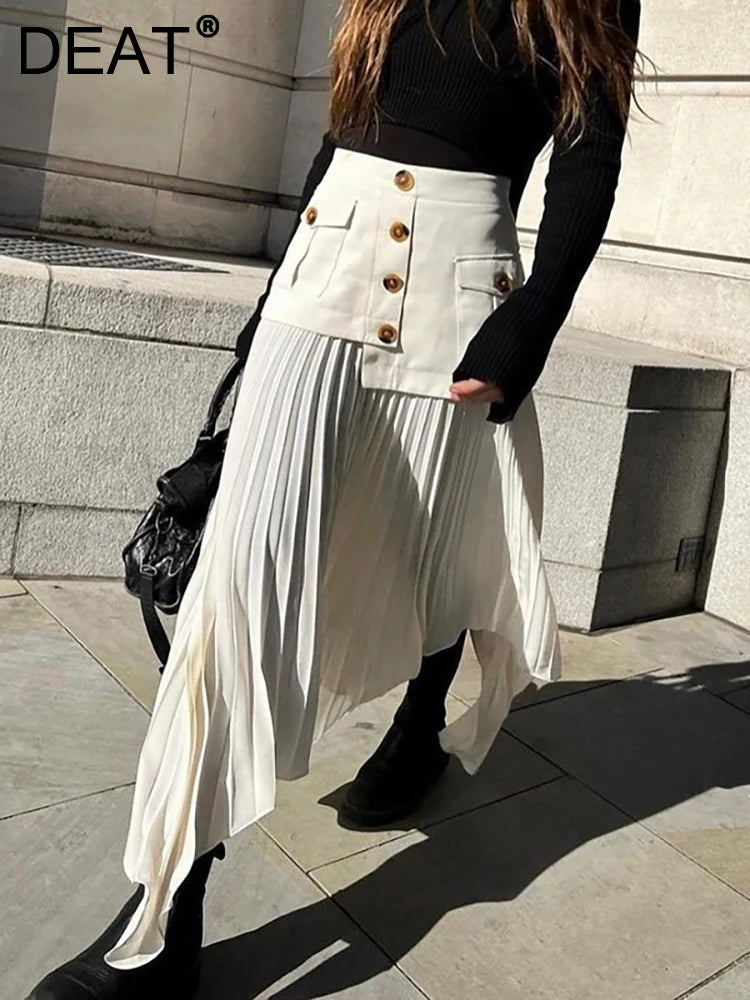 DEAT Fashion Women's Skirt High Waist Spliced Single Breasted Pleated Irregular Solid Color Long Skirts Spring 2024 New 17A6142
