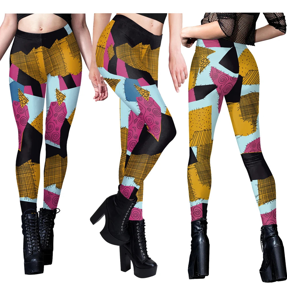 Colorful Nightmare Before Christmas Sally cosplay costume leggings with unique patchwork design