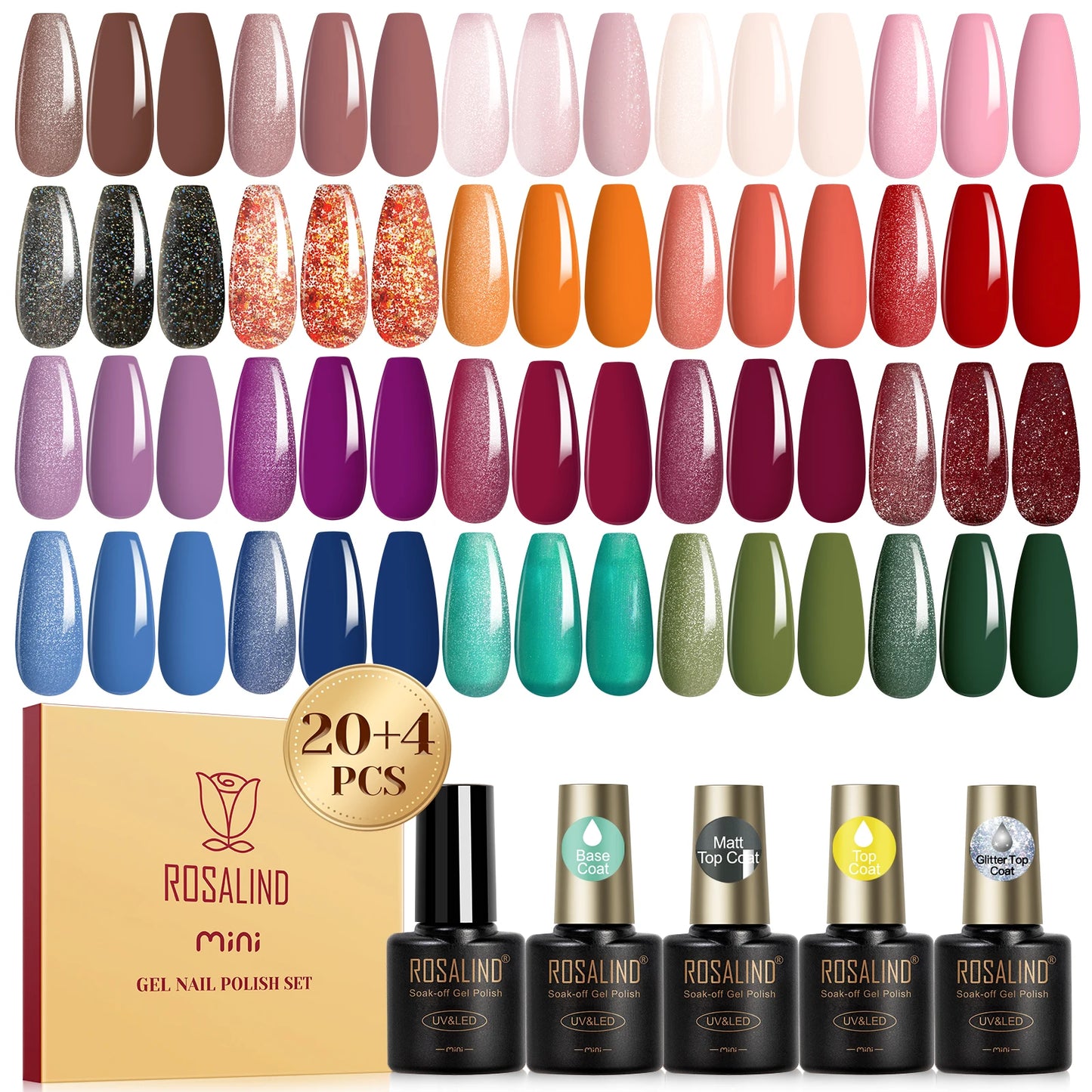 ROSALIND 24PCS Gel Nail Polish Set with Base and Top Coat Soak Off Nail Gel Kit Long Lasting