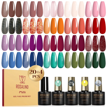 ROSALIND 24PCS Gel Nail Polish Set with Base and Top Coat Soak Off Nail Gel Kit Long Lasting