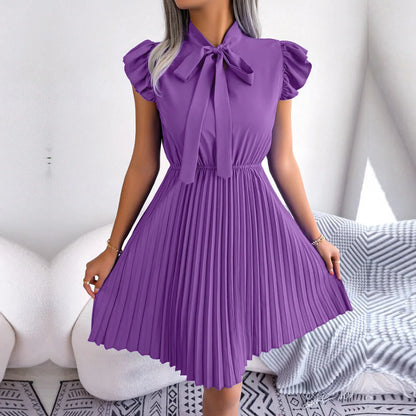 Women Spring Summer Elegant Lace Up High Waist Large Fold Dress Bow Collar Solid Pleated Dresses