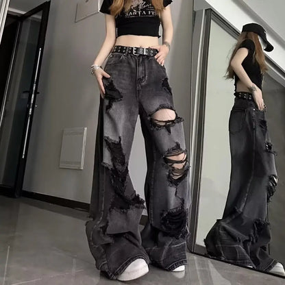 Ripped jeans for women in summer, cool, old high street American wide-leg pants loose and versatile straight trousers y2k jeans