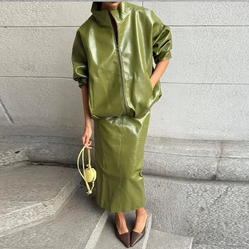 Leather Fashion Jacket Skirt Sets Women Zipper Loose Street Stand Collar Coats Straight Midi Skirts Suits 2025 Autumn Party Chic