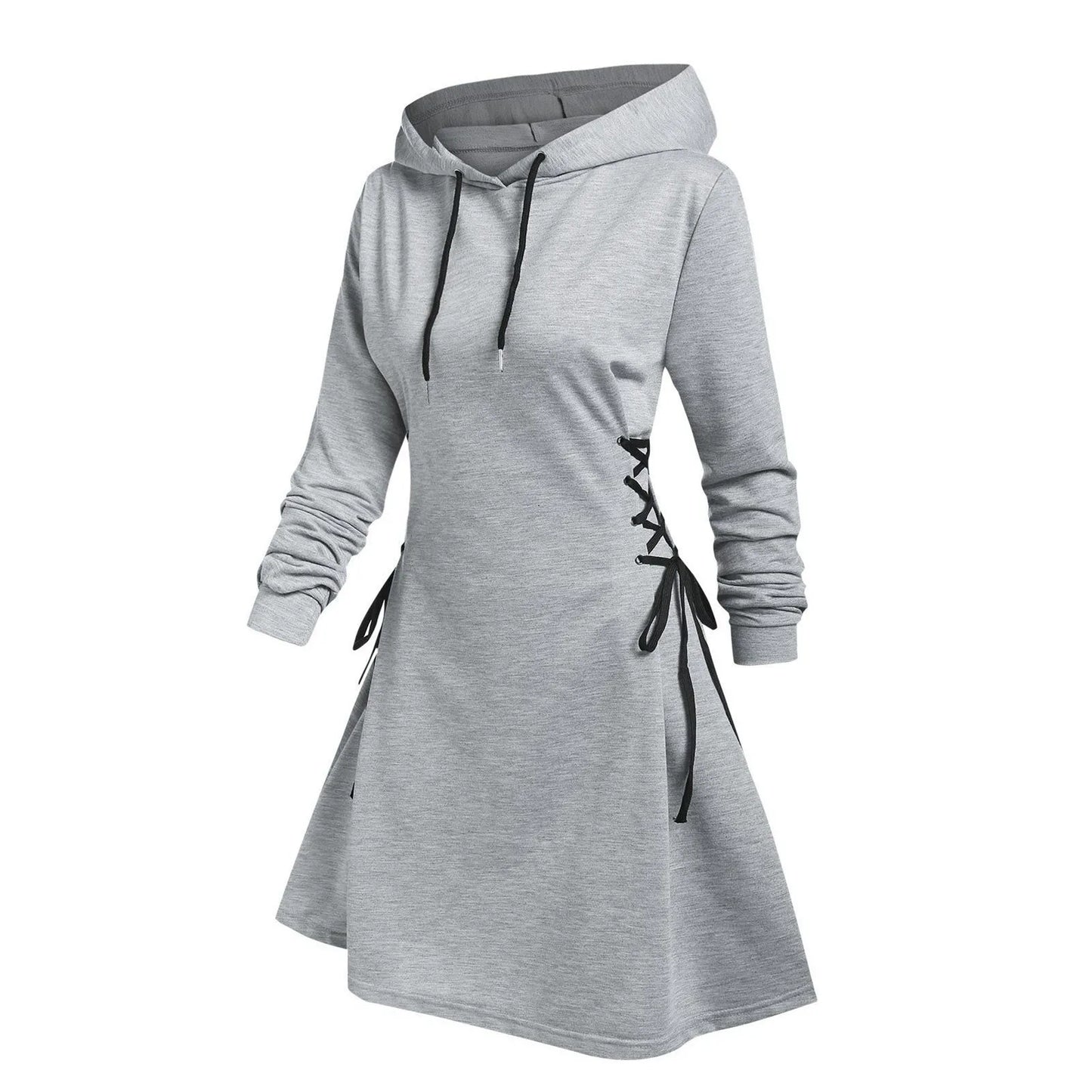 Autumn Women's Hooded Dress Casual Fashion Hoodie Dresses Long Sleeved Side Lace Up Slim Fit Short Dress Solid Color Dress