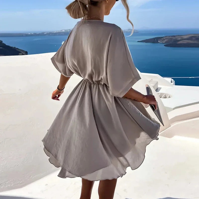 Sexy V Neck Dresses For Women Elegant Short Sleeve Solid A-line Loose Mini Dress Women Casual Beach Party Dress Boho 2022