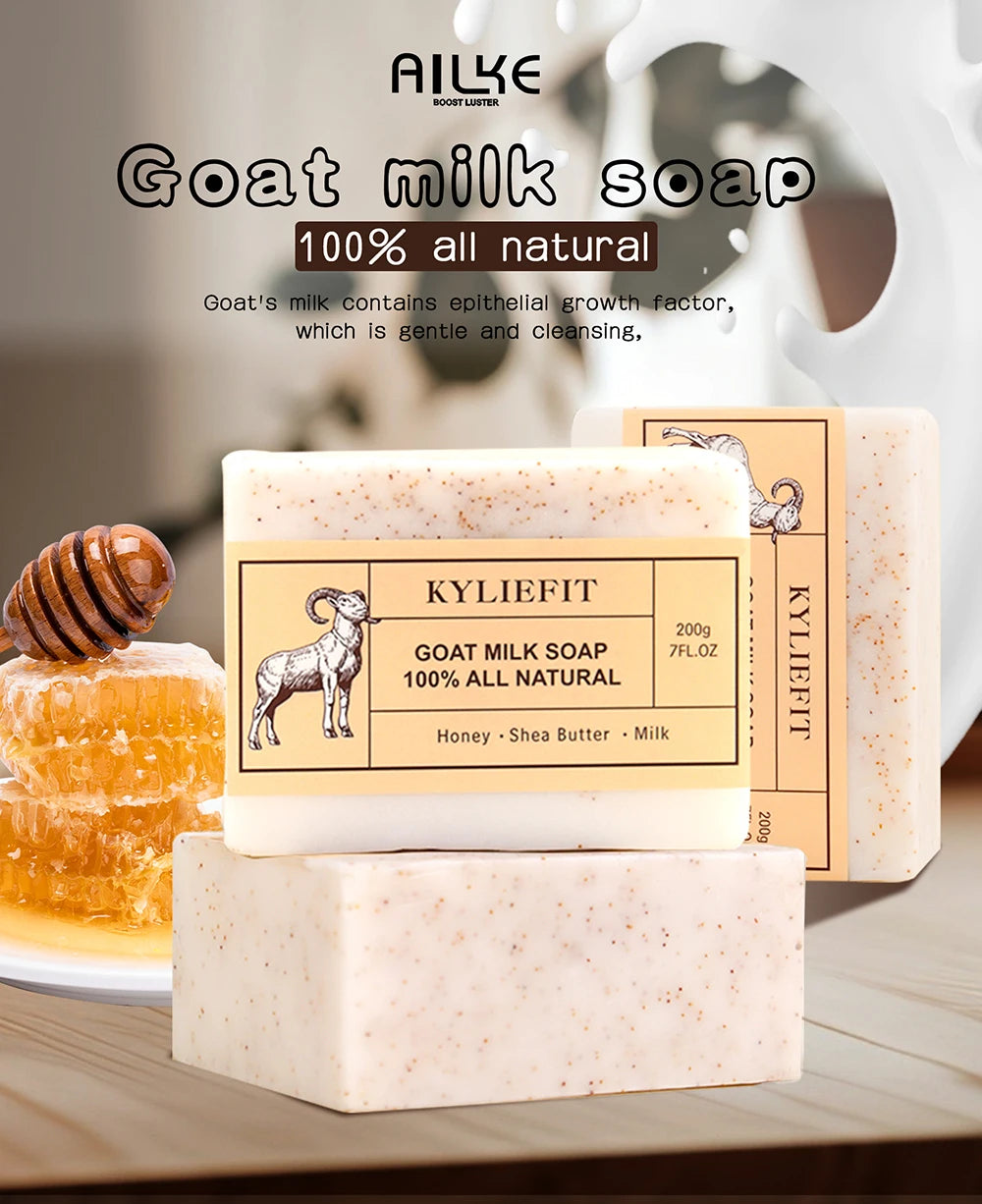 KYLIEFIT Goat Milk Soap Bar, 100% All Natural, Lightening, Cleaning, Moisturizing, With Honey, Shea Butter, Milk, 200g/ 7 oz