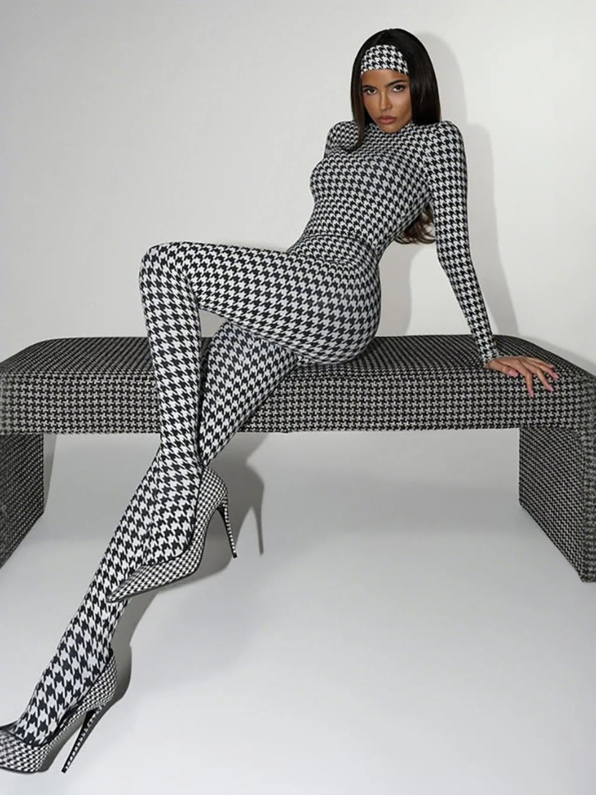 SsTss 2025 Trendy Autumn Winter Houndstooth Print Jumpsuit Women's Stand Collar Long Sleeve Slim Rompers Overalls Y2K Outfits