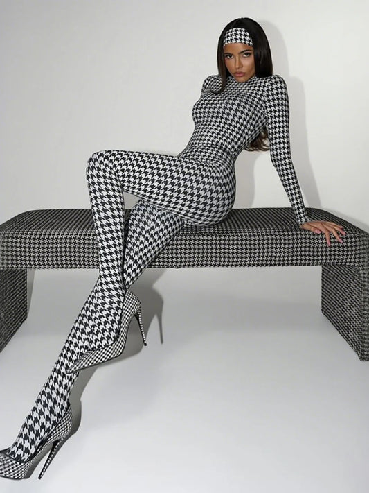 SsTss 2025 Trendy Autumn Winter Houndstooth Print Jumpsuit Women's Stand Collar Long Sleeve Slim Rompers Overalls Y2K Outfits