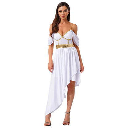 Womens Ancient Greek Costume Halloween Roman Queen Cosplay Dress Metallic Shiny Off Shoulder Sling Carnival Roleplay Dress Up