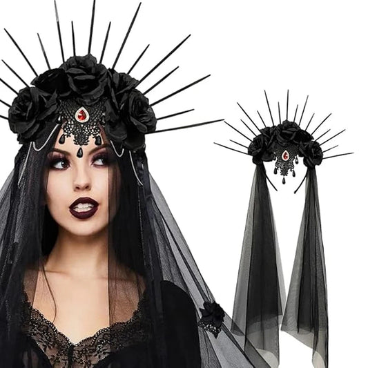 Gothic black rose veil headband with spikes and draping lace for elegant dark fashion