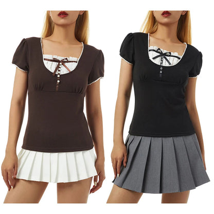 Harajuku Grunge T-shirt Women Korean Preppy Style Kawaii Bow Crop Top Vintage Patchwork Square Collare Puff Sleeve Milkmaid Top