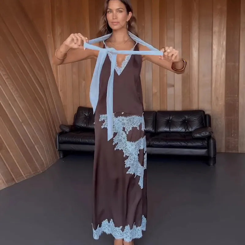 Contrast Patchwork Lace Maxi Skirt Suit Women Satin V-neck Sleeveless Skirts Suits 2025 Lady Summer Casual Daily 2 Pieces Set