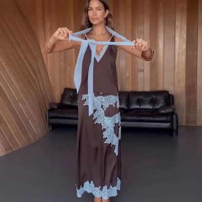 Contrast Patchwork Lace Maxi Skirt Suit Women Satin V-neck Sleeveless Skirts Suits 2025 Lady Summer Casual Daily 2 Pieces Set