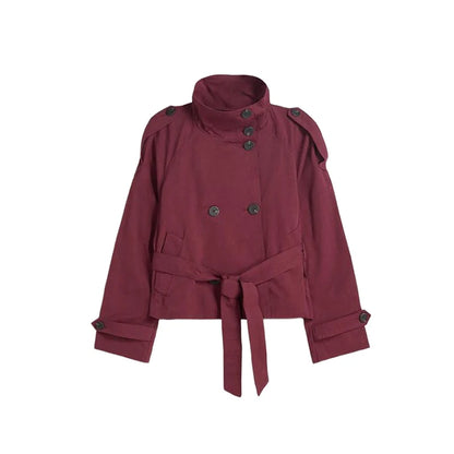 Belted Waist Cropped Trench Double Breasted Stand Collar 2025 Autumn Chic Elegant Women Coat Casual Vintage Office Lady Jacket