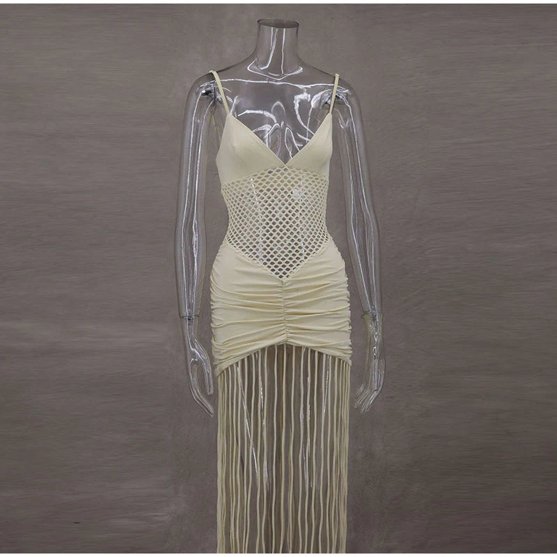 Hollow Out See-through Long Dress Women Holiday Tassels High Waist Sleeveless Strap Dresses Female Backless Evening Club  Robe