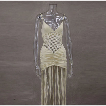 Hollow Out See-through Long Dress Women Holiday Tassels High Waist Sleeveless Strap Dresses Female Backless Evening Club  Robe