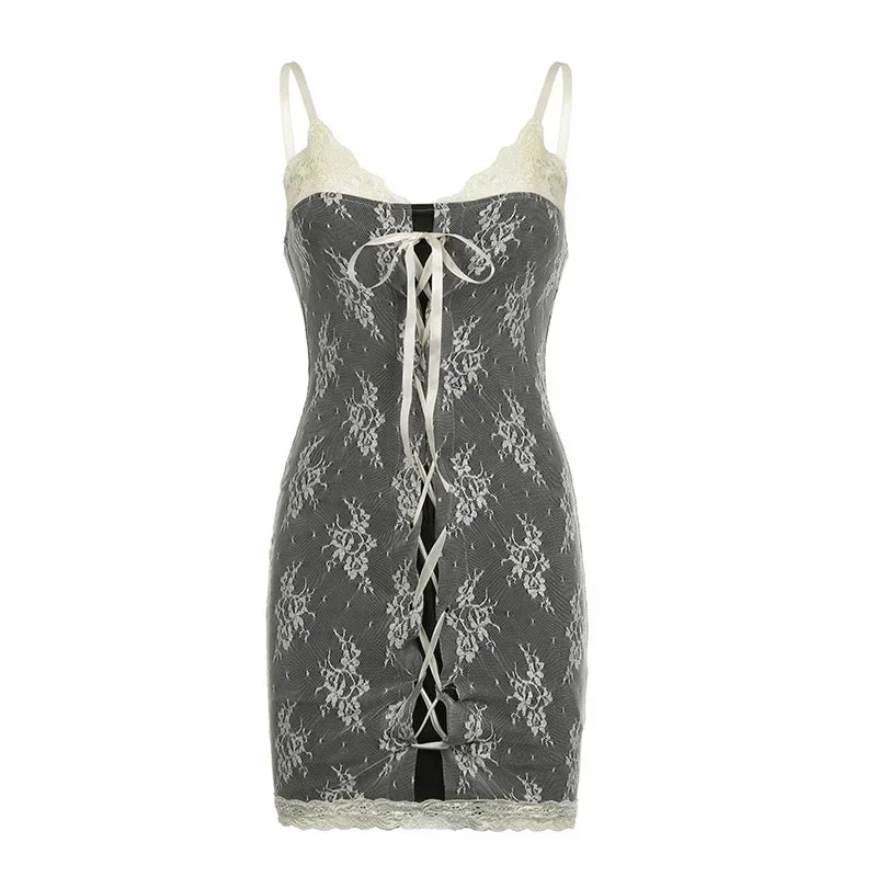 Y2K Lace Mini Dress Women Tie Up Spaghetti Strap Sexy Sundress Women Fairycore Chic Korean Party Dress Beach Night 90s