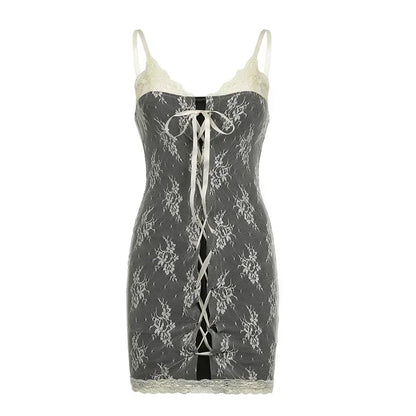 Y2K Lace Mini Dress Women Tie Up Spaghetti Strap Sexy Sundress Women Fairycore Chic Korean Party Dress Beach Night 90s