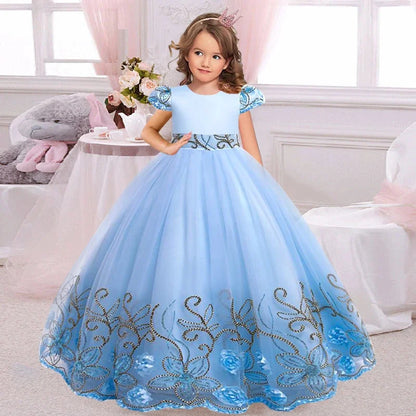 Girls sequin children's gown with embroidered bow and lacing