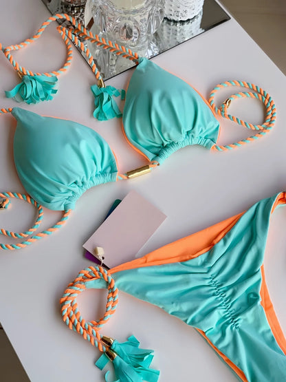 Sexy Solid color Two-piece Triangle Swimwear Women's Swimsuit Braiding rope Bikinis Set Beach Bathing Suit Brazilian Biquinis