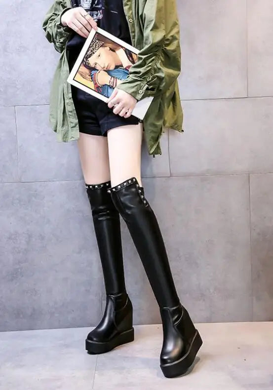 Knee Thigh High New In Women's Boots Genuine Leather Fur Long Shoes for Women Winter 2025 Wedges Chunky Platform Heeled Black