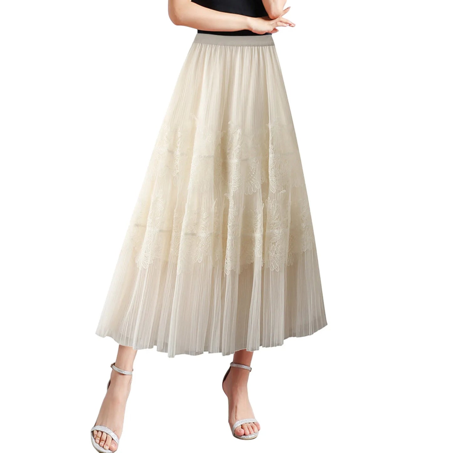 Women Mid Length Skirts Dance Party A Line High Waisted Lace Tulle Skirt Pleated Mesh Half Skirts Holiday Party Costumes