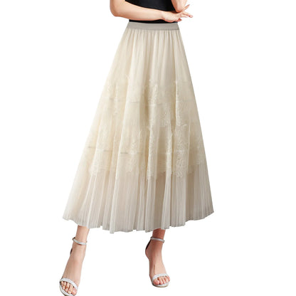 Women Mid Length Skirts Dance Party A Line High Waisted Lace Tulle Skirt Pleated Mesh Half Skirts Holiday Party Costumes