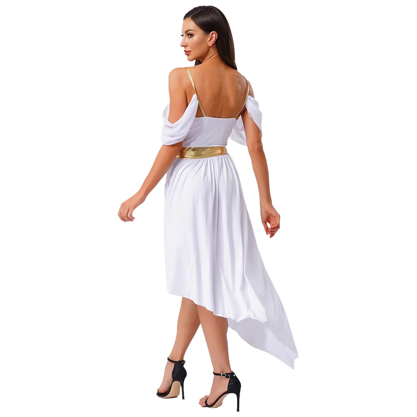 Womens Ancient Greek Costume Halloween Roman Queen Cosplay Dress Metallic Shiny Off Shoulder Sling Carnival Roleplay Dress Up