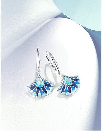 SANTUZZA Authentic 925 Sterling Silver Drop Earrings For Women Sparkling White CZ Blue Stone Fan Shape Chic Party Fine Jewelry