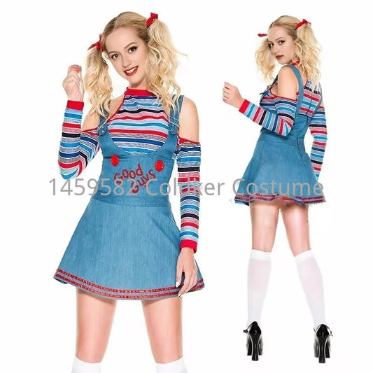 Chucky Doll Cosplay Costumes Women Outfit Adult Girls Fancy Dresses Horror Ghost Doll Clown Halloween Carnival Costume